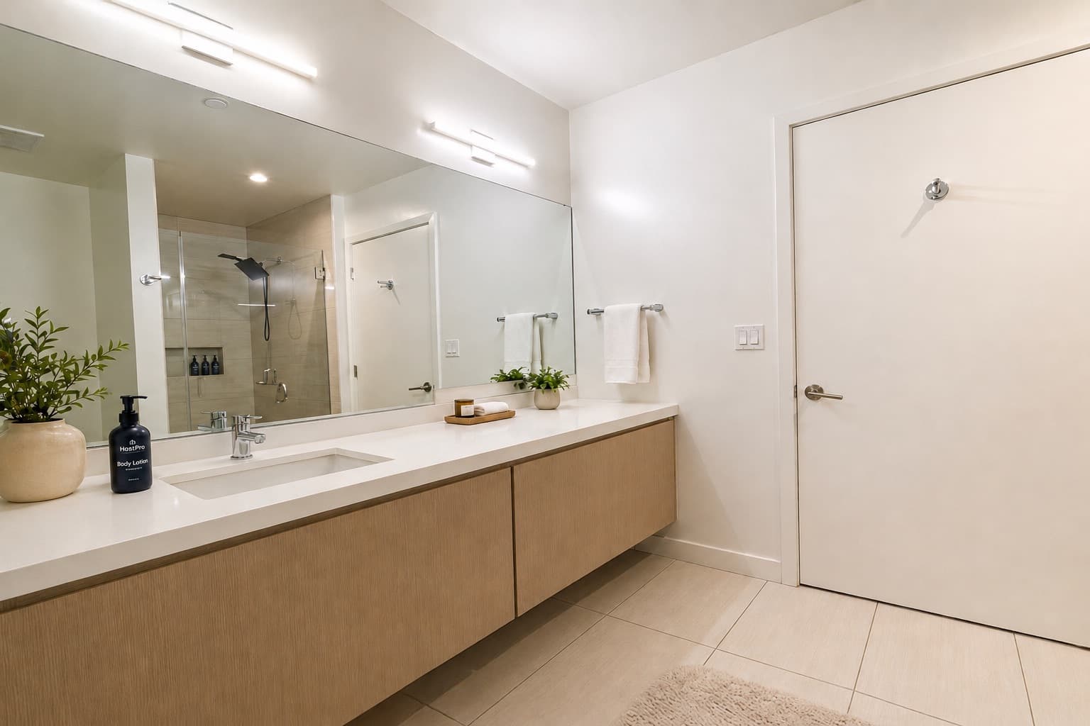 HostPro branded amenities set out on a guest-ready bathroom vanity